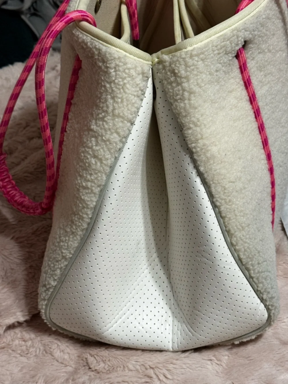 Anthropologie Cream Sherpa‎ Tote with Pink Rope Straps